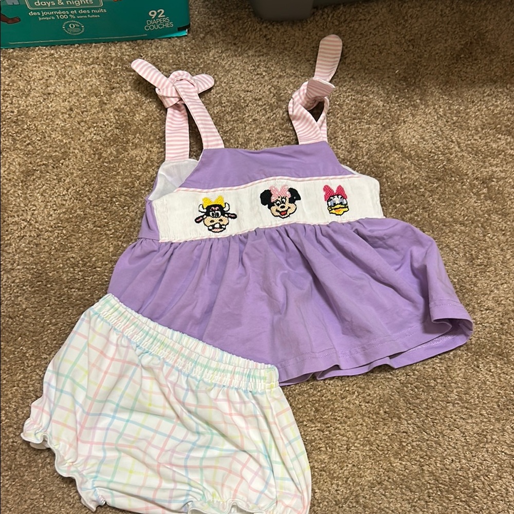 Purple Dress with Cartoon Characters and Pastel Shorts
